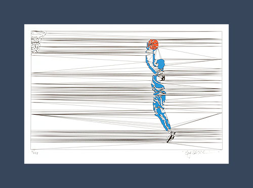 Basketball art print in of a baketball player taking a jump shot.