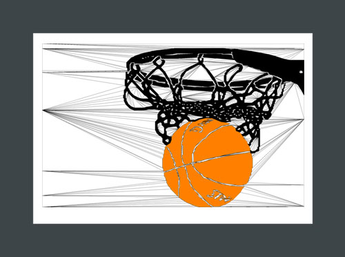 Basketball art print of a basketball swishing through a net.