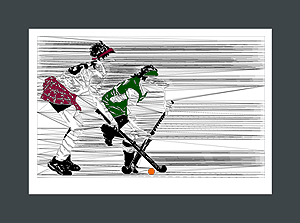 Field Hockey Art Print of two field hockey players crossing sticks in battle.