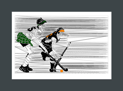 Field Hockey art print of two field hockey players crossing sticks.