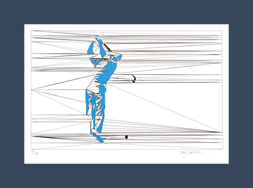 Golf art print of a golfer following through with a golf swing.