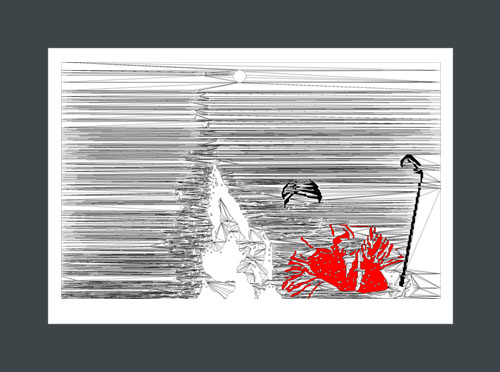 Golf art print of a golfer hitting a golf ball out of a sand trap.