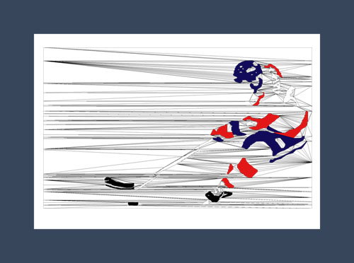 Hockey art print of a hockey player skating with the puck on the ice.