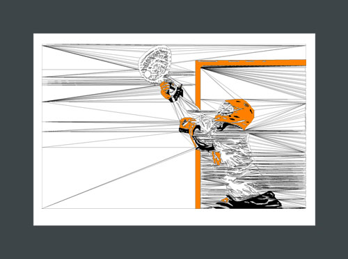 Lacrosse art print of a lacrosse goalie taking a pass from the opposing team.