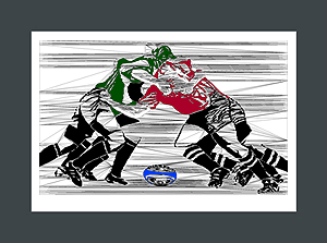 Rugby art print in green and maroon of rugby players locked into a scrum.