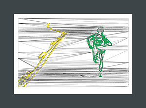 Running art print of a male runner with the yellow line of the road.
