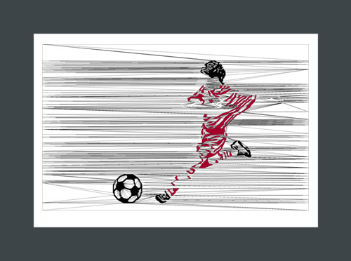 Boys soccer art print of a soccer player in blue, about to kick a ball.
