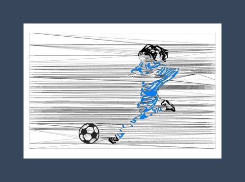Girls soccer art print of a soccer player in blue, about to kick a ball.