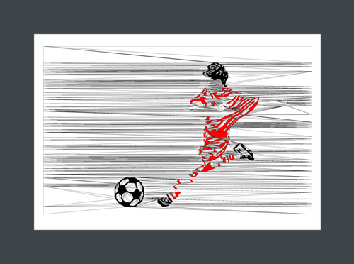 Boys soccer art print of a soccer player in red, about to kick a ball.