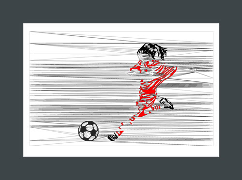 Girls soccer art print of a soccer player in red, about to kick a ball.