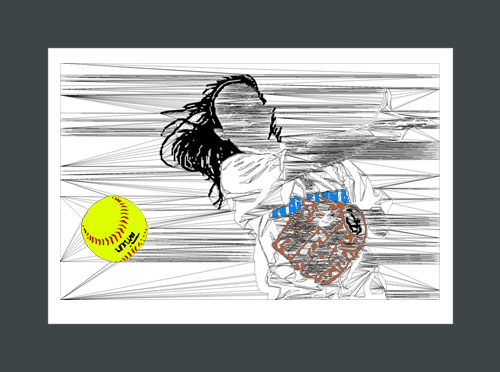 Softball art print of a softball player throwing a softball.